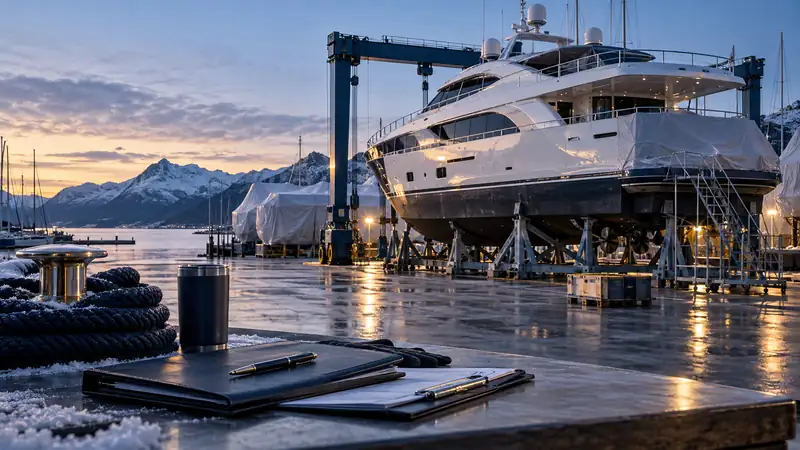 Yacht in rimessaggio invernale a terra in un cantiere nautico